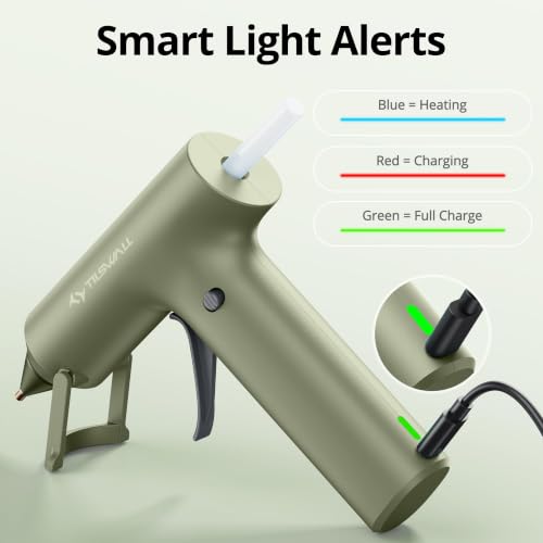 Image of Tilswall Cordless Hot Glue Gun, Fast Preheating, Glue Gun and Sticks Set with 2Ah USB-C Rechargeable, 20 Premium Glue Sticks, High Temp Compact Size Ideal for Crafts, DIY Making, Repairs Olive Green