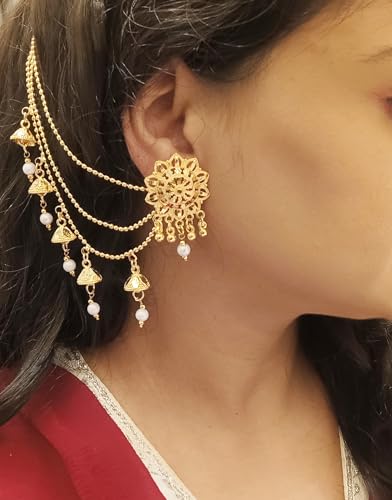 Efulgenz Indian Bollywood Jewelry 14K Gold Plated Dangling Earring with Layered Jhumka Tassels Ear Support Chain Hair Accessory gold3