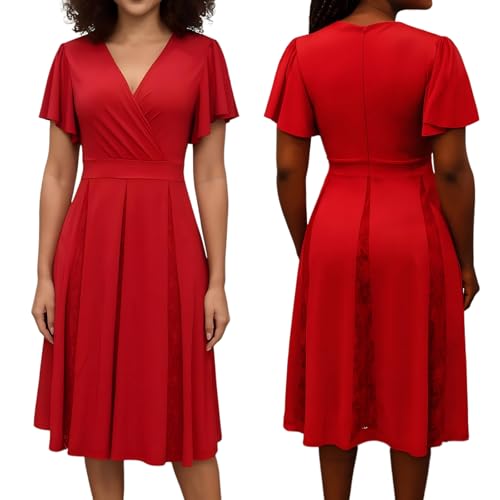 Image of Womens Red Cocktail Prom Dresses 2025 Summer Sexy V Neck Lace Maternity Clothes Formal Wrap Wedding Guest Bridesmaid Midi Dress,Small
