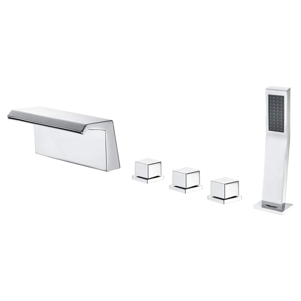 CWCQGH Waterfall Tub Filler Faucet with Handheld Shower Head, Widespread Tub Faucet Set Deck Mount 5 Holes Bathtub Faucet with Square Handle Tub Tap for Bathroom,Chrome,Chrome