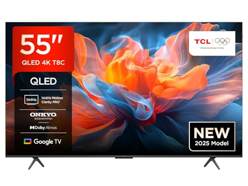 TCL 55T8C TV QLED 4K HDR Ultra HD da 55'', QLED TV con tecnologia Google TV (Dolby Vision e Atmos, Motion Clarity Pro a 144 Hz, FreeSync, audio Onkyo 2.1, compatibile con Google Assistant)