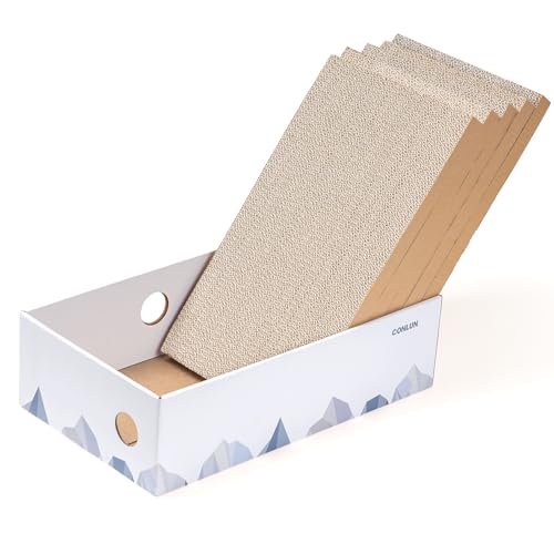 Conlun 5er-Pack Katzenkratzbox mit Katzenkratzpad, Großes Beidseitiges Design, Interaktive Öffnungen, Sauber & Langlebig, Kratzpappe für Katzen, Möbelschutz (Groß, Weiß)