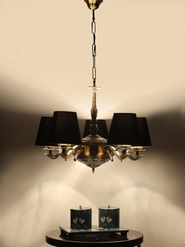 Image of Devansh 05 Lights conical Black Cotton Shade with Antique Golden Chandelier