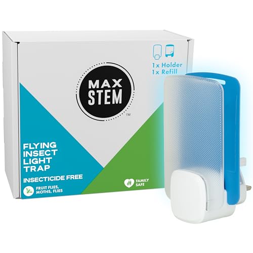 MAX STEM LED Light Trap, Insecticide-Free Fly Catcher, Indoor Fly Trap, 24/7 Protection from Flies, Gnats & Moths, Pet & Child Safe, Odourless, No Residue, 1 Kit - 1 Plug in Device and 1 Refill