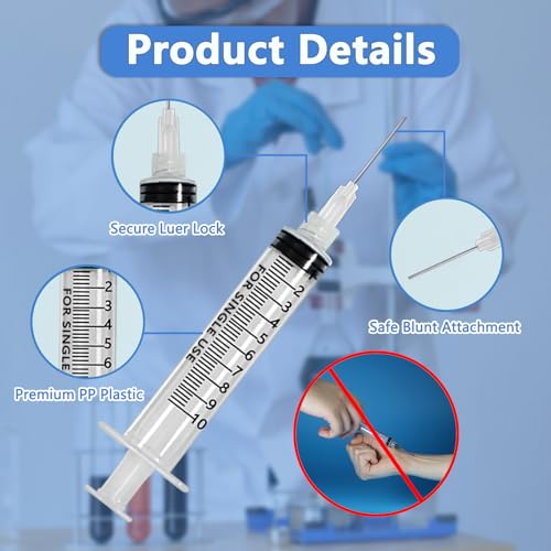 12Stks Wiederverwendbare Luer Lock Spritze, 10ml Drehverschluss Spritze, Gewindespritze mit 14-27G Dosiernadeln und Kappen Stumpfer Nadel, Dosier-Fütterungsspritze für Haustierfütterung Bewässerung