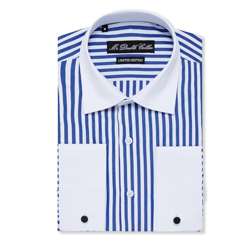 MrDoubleCollar Camisa de manga larga con cuello doble en contraste rojo y blanco para hombre de diseño italiano, Rayas azules, M