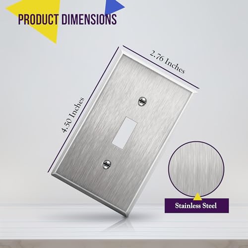 Image of ENERLITES Toggle Light Switch Stainless Steel Wall Plate, Metal Plate Corrosive Resistant Cover for Rotary Dimmers Lights, Size 1-Gang 4.50 inchx 2.76 inch, 7711, 430 Stainless Steel, UL Listed, Silver | Fits standard toggle switches; Rust-proof; Standard 1-gang; UL Listed; 7711