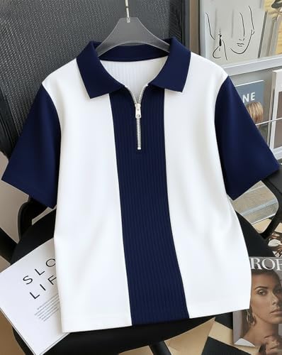 Image of AUSK Men's Retro Cable-Knit Quarter-Zip Polo | Premium Textured Self-Design Half Sleeve T-Shirt for Men
