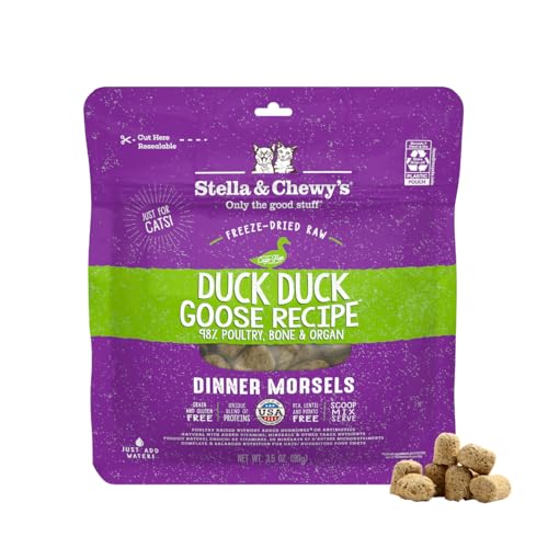 Stella & Chewys Freeze-Dried Raw Cat Dinner Morsels - Premium Duck & Goose Recipe with 98% Cage-Free Poultry & Organs - Natural Grain-Free Cat & Kitten Food - Made in USA - 3.5 oz