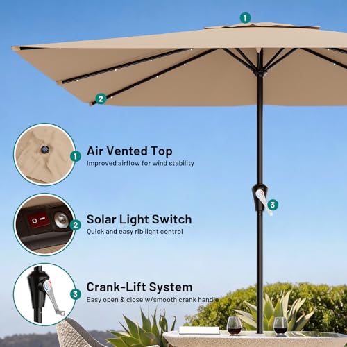 Image of AreShark 8' X 10' Rectangular Patio Umbrella with Solar Lights, Lighted Solar Umbrella with Crank, Outdoor Table Umbrella for Garden, Deck, Backyard, Pool and Beach, Beige