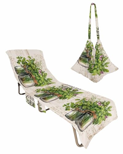 Hello Spring Beach Lounge Chair Towel Cover, Soft Chaise Lounge Towel with Side Pockets Patio Pool Chairs Cover for Beach/Pool Sunbathing 29x85 Pastoral Green Botanical Vintage