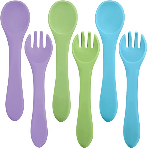 Image of Nuenen 6 Pieces Silicone Baby Feeding Forks and Spoons Set Hot Safety First Stage Self Feeding Supplies Mini Kids Utensils for over 6 Months Babies Boy Girl Toddlers First Foods (Primary Color)