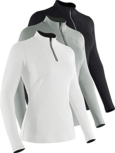CADMUS Women's Compression Long Sleeve Shirts for Workout Yoga Shirts, 3 Pack, Black & Grey & White, S