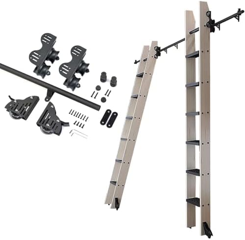 Retractable Library Rolling Ladder Hardware Kit - Sliding Black Track System with Floor Wheels & Brakes, Adjustable Tension Design for Smooth Gliding, Perfect for Home Libraries & Shelves