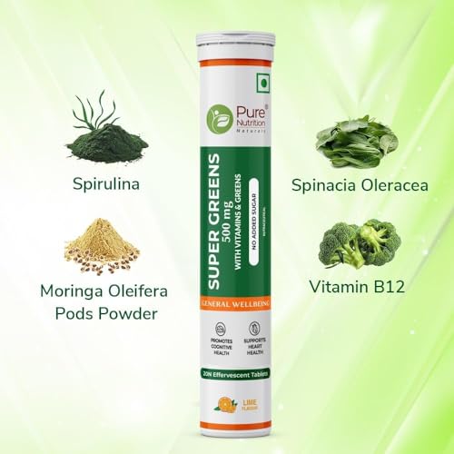 Image of Pure Nutrition Super Greens Effervescent Tablets | 40 Tabs (20x2) | 14+ Superfoods with Moringa, Spirulina & B Vitamins | Immunity, Detox & Energy Boost | Refreshing Taste, Antioxidant-Rich Formula for Overall Wellness