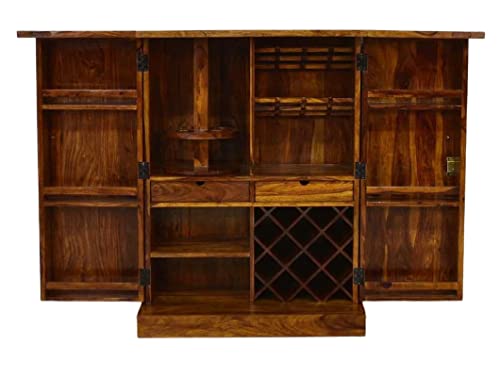 Image of Solid Sheesham Wood Bar Unit Cabinet With Storage Bottle Shelve & Built-in Glass Holder Brass Studs Drink Wine Rack Organizer For Living Room Home & Lounge Dining Cupboard Liquor Furniture