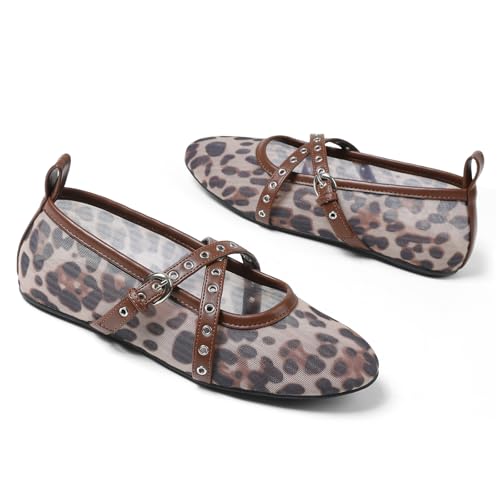 VIMISAOI Leopard Flats for Women Mesh Ballet Flats Shoes for Women Fishnet Buckle Round Toe Mary Jane Ballerina Shoes Dress Shoes3