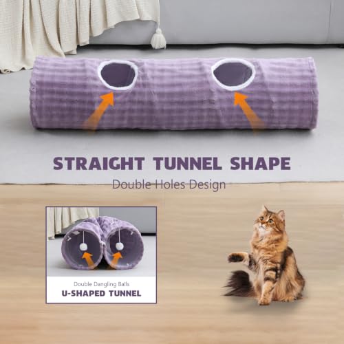 Image of Straight Bubble Cat Tunnel for Indoor Cats 47 inchx12 inch, Dusty Purple | Cute Cat Toys, Collapsible Tunnel Tube with Hanging Balls for Puppy Kitten Rabbit