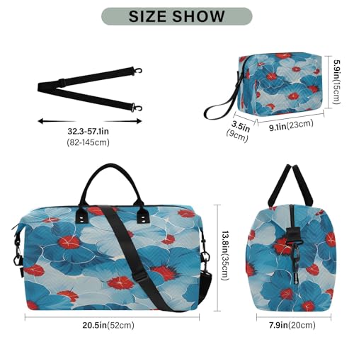 Weekender Bags Travel Duffel Gym Bag Blue and Red Floral Pattern Carry on Overnight Tote Bag with Toiletry Bag for Airplane Travel Trip Gym Yoga3