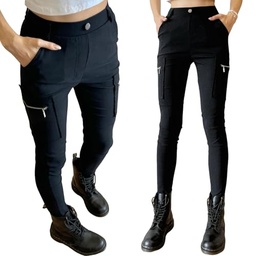 Nuofengkudu Slim Fit Damen Cargohose Zip Taschen High Waist Leggings Stretch Figurbetont Arbeitshose Pull On Tapered Hose Skinny Combat Cargo Pants Belt Loops Gothic Streetwear Alltag Schwarz M