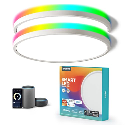 TALOYA Compatible with Alexa Flush Mount Ceiling Light, 12 inch RGB Ambient Light, Day Light 3000K~6500K Adjustable by App, equivs to 200W Traditional lamp for Living Room, Bedroom, 2-Pack