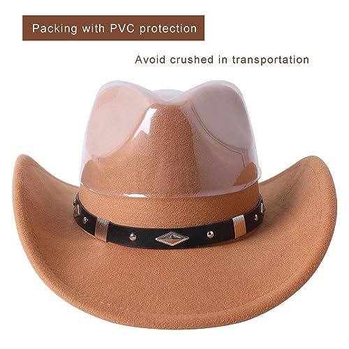 Lanzom Women Men Classic Felt Wide Brim Western Cowboy Cowgirl Hat with Belt Buckle4