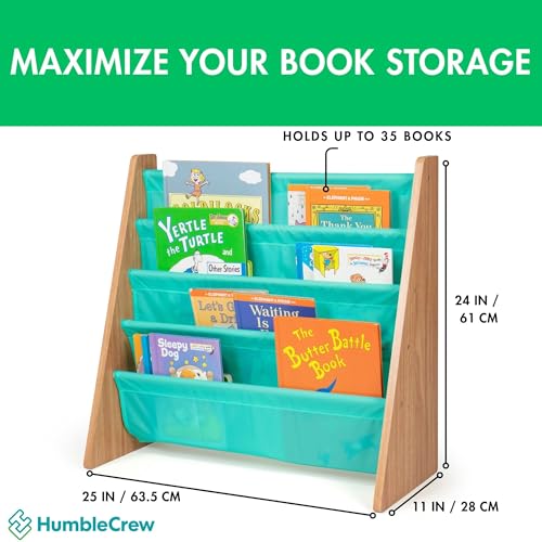 Image of Humble Crew Kids Bookshelf, 4-Tier Front-Facing Book Display Organizer, Montessori Toddler Bookcase for Playroom, Bedroom & Reading Corner, Natural Wood /Seafoam Green