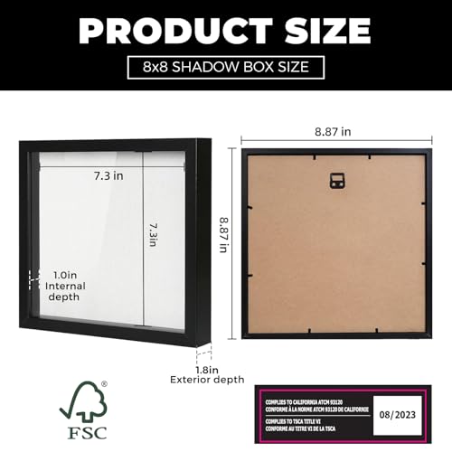 Image of Muzilife 8x8 Shadow Box Picture Frame with Linen Board - Deep Wood & Glass Display Case Ready to Hang Perfect to Display Baby & Sports Memorabilia, Pins, Awards, Medals, Tickets and Photos (Black)