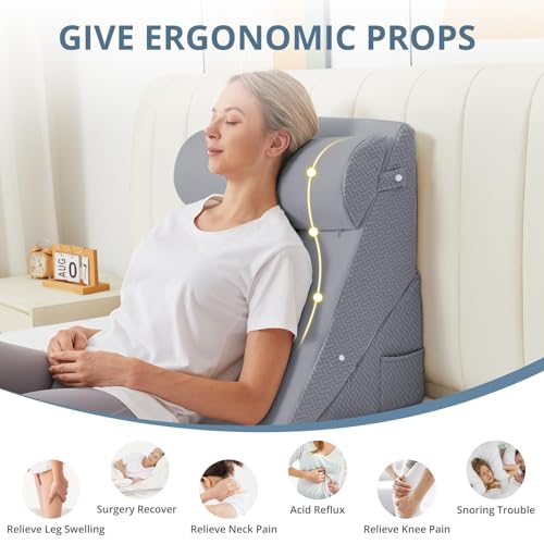 Sasttie Wedge Pillow for Headboard, Adjustable Bed Wedge Pillow Set with Orthopedic Memory Foam Neck Cushion – for Acid Reflux, Neck & Back Support, and Post-Surgery Recovery, Dark Grey