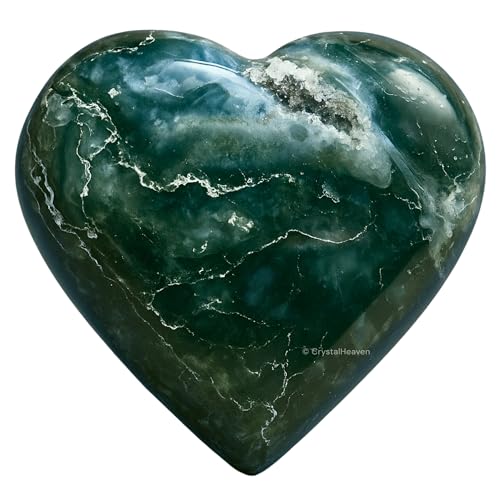Image of Certified Moss Agate Crystal Heart Palm Pebbles Stones for Anxiety Stress Relief Massage - AAA Grade Original Healing Gemstone Agate Heart Palm Stone for Yoga Meditation Spiritual