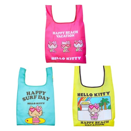 Cute Sun-Kissed Kitty Borsa tote riutilizzabile Set di 3 colori (menta, giallo, rosa), borse per la spesa, borse ecologiche, borse per la spesa pieghevoli, borse per le vacanze, Multi