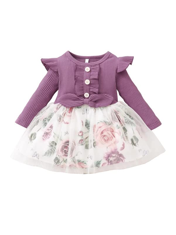 PAMBERSTON Baby Girl's Lycra Frock with Round Neck Full Sleeves Solid Pattern Knee Length Waist Bow and Regular Fit Purple 4