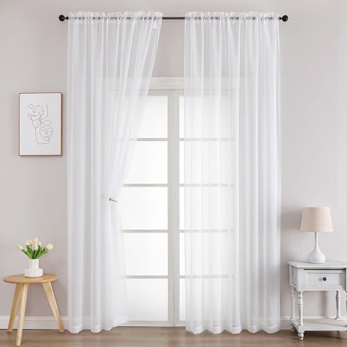 Image of Chyhomenyc White Sheer Curtains 96 Inches Long 2 Panels, Light Filtering White Curtains for Living Room, Soft Gentle Voile Rod Pocket Bedroom Window Drapes, 59Wx96L Inch, 2PCS