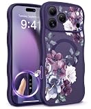 GVIEWIN for iPhone 17 Pro Max Case Compatible with MagSafe [Curly Wave Edge][Full Camera Protection] Floral Translucent Shockproof Magnetic Women Phone Case for 17 Pro Max, Morning Glory/Deep Purple