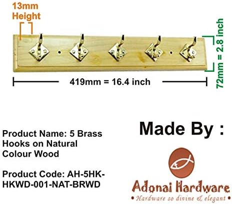 Adonai Hardware 5 Brass Hooks on Natural Colour Wood (Polish Lacquered)