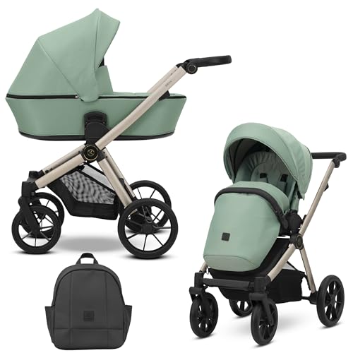 Kunert BRAV - Cochecito 2 en 1 con asiento deportivo reversible, marco champán de aluminio, ligero, confort, diseño, cubierta para la lluvia, mosquitera, portabotellas, cesta, mochila - menta
