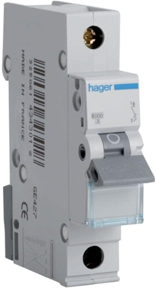 Hager MTN120 Miniature Circuit Breaker, 1 Pole, 1 Module, Type B, 6 kA Breaking Capacity, 20 A Current