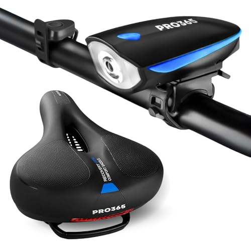 Image of PRO365 Bike Seat Cushion with Memory Foam, Waterproof Cover & Reflective Strip | USB Rechargeable LED Front Light with Loud Bell & 3 Modes | Universal Fit for Bicycles