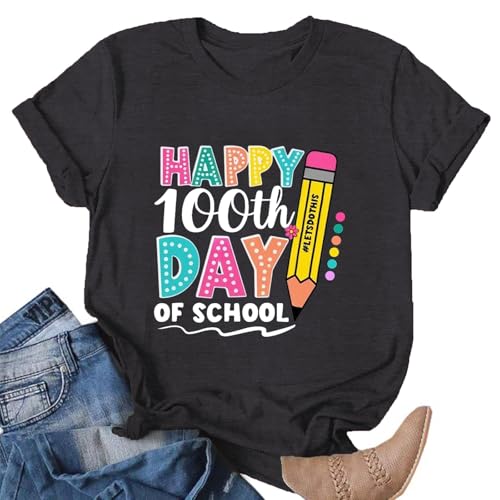 Image of 100th Day of School Shirt for Women Teacher Graphic T-Shirt Funny Teach Short Sleeve Tee Tops