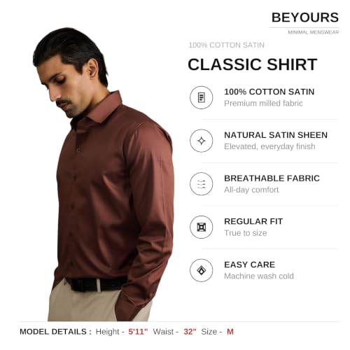 Image of BEYOURS Men's Full Sleeve Shirt Regular Fit Spread Collar 100% Cotton Satin Office & Formal.