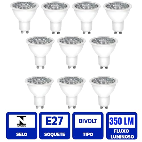 Kit 10 Lampada Led Dicroica Mr16 Gu10 4,8w Bivolt Inmetro 3000k 4000k 6500K Luz Branco Frio Branco N