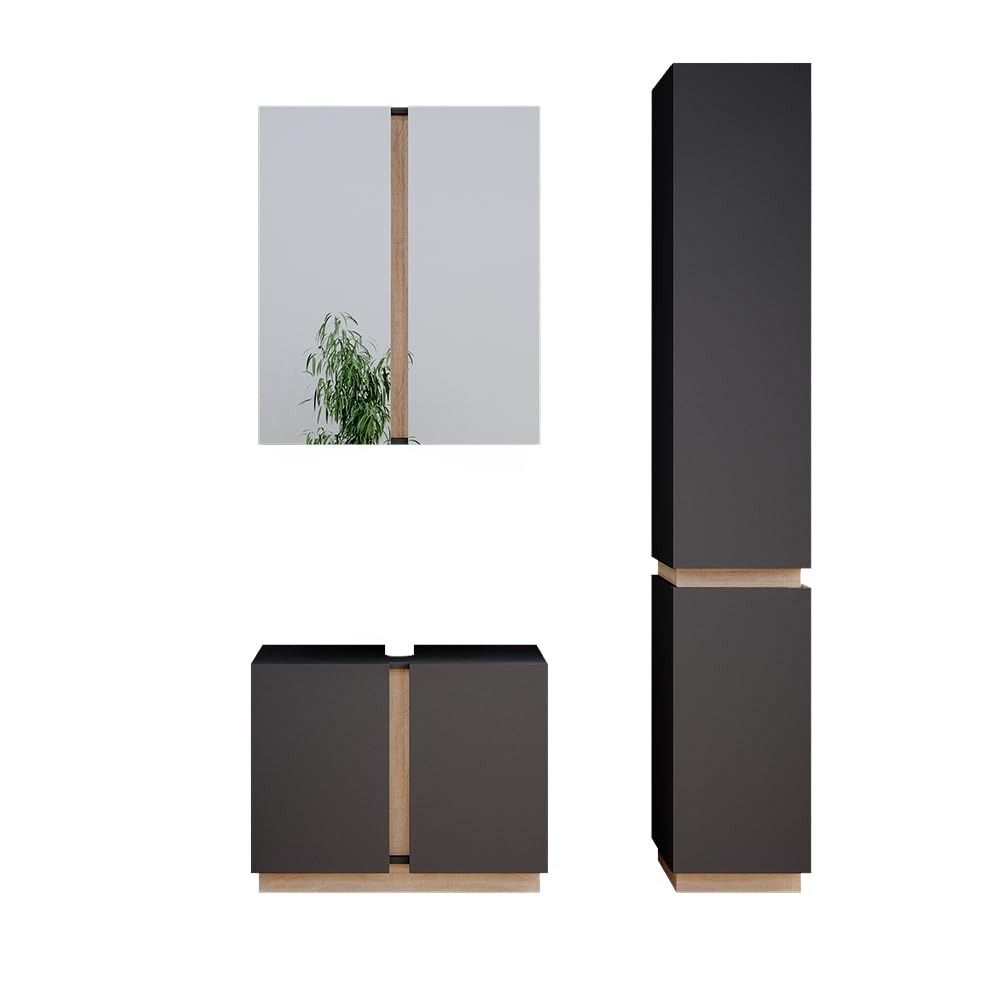 Vicco Badmöbel-Set Gloria, Anthrazit, 70 cm, besteht aus Waschbeckenunterschrank, Spiegelschrank und Hochschrank
