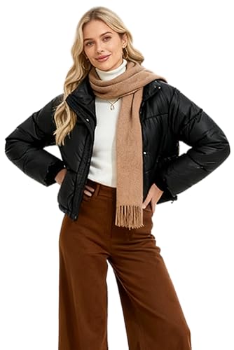 Snyide Women’s Short Faux PU Leather Puffer Jacket Winter Coat Down Waterproof Outerwear Drawstring Zip Black Trendy Corpped