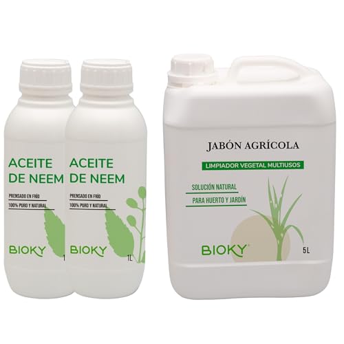 Jabón Potásico (Agrícola) 5L con Aceite de Neem 2L | Pack Protección para Plantas: Cochinilla, Pulgones, Mosca Blanca, Araña Roja | + de 300 especies | Ultraconcentrado y Duradero –Biodegradable