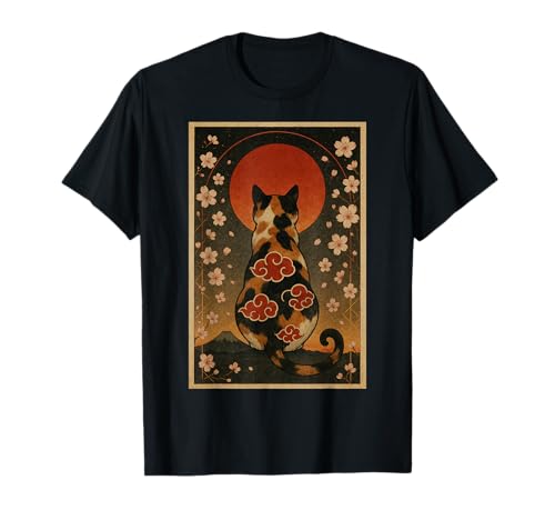 Calico Cat Sakura Sunset Japanese Style Art Vintage Floral T-Shirt