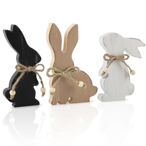 COCHIE Easter Decorations for The Home, Rustic Farmhouse Wooden Bunny Blocks Tiered Tray Decor Set of 3, Vintage Wood Bunnies Sign for Table Top Office Party Shelf Decoration (Colorful)