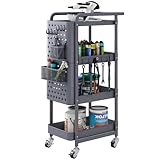 4-tier Rolling Utility Cart on Wheels, Metal Tool Trolley with Handle, Diy Pegboard, 2 Removable...