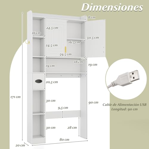 COSTWAY Mueble sobre Inodoro, Armario Independiente para Lavadora con Armario de 2 Puertas, 6 Compartimentos, Caja para Pañuelos, Gancho y Estante Ajustable, Estanterias Alta de Almacenaje (Blanco) - imagen 3