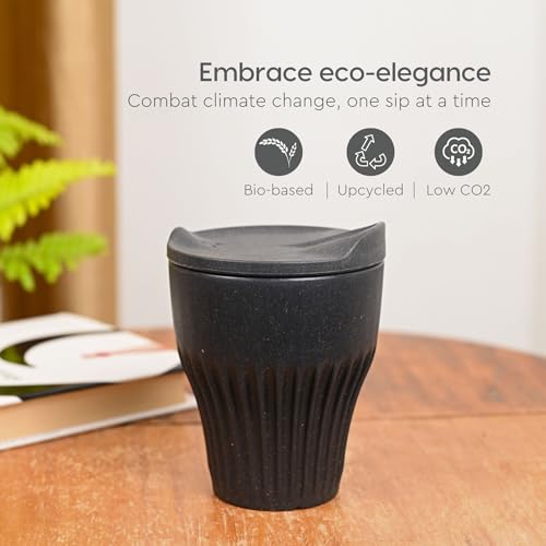 Image of Eha Earth Friendly Rafter Coffee Mug with Lid | Tea Cup Set | 300 ml | Made with Rice Husk | Microwave Safe Mugs for Gifting | 2 Unit | Charcoal