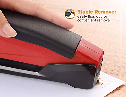 Bostitch Stapler With Staples - Inpower Red Stapler - Spring Powered Stapler With 1260 Staples - Built-In Staple Remover - Staple Storage Compartment - One Touch Heavy Duty Staplers For Desk #TOP3